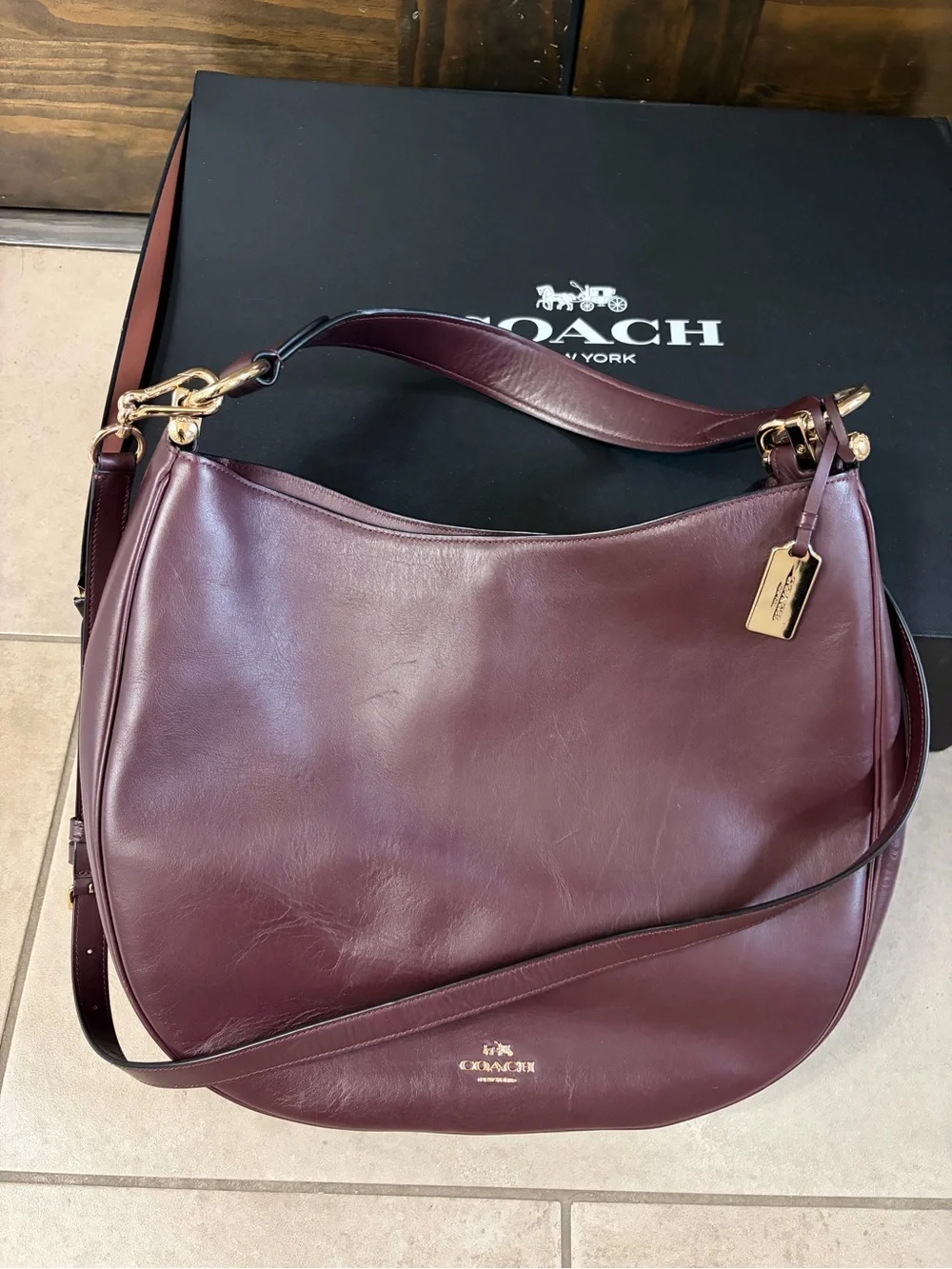 Coach Plum Leather Shoulder Hobo with Gold Hardware